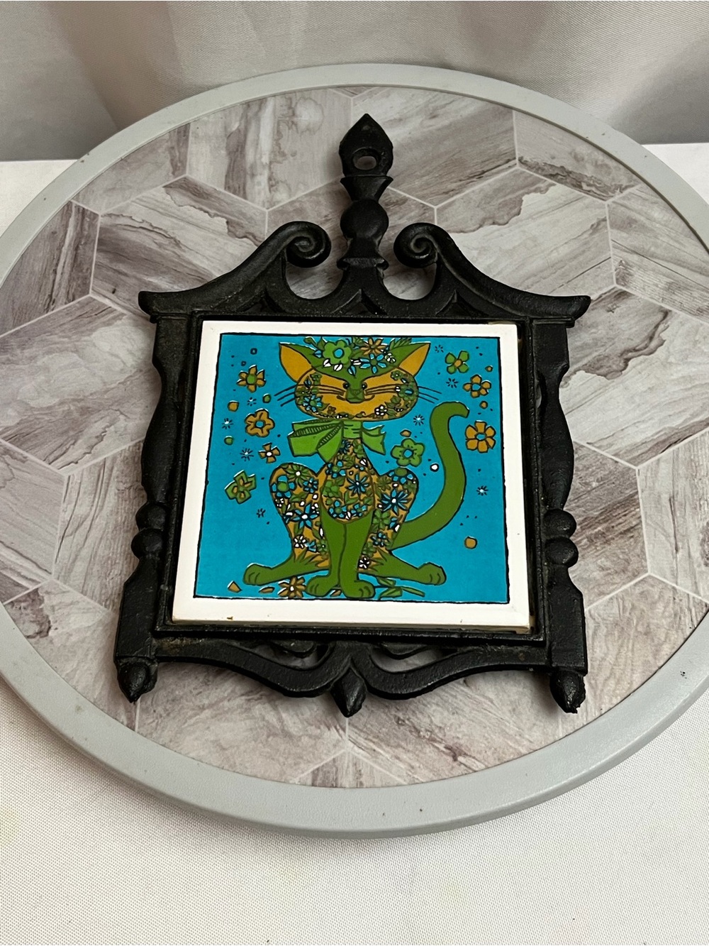 Vintage Cherry Japan Floral Cat Ceramic Tile Trivet Wall Plaque Cast Iron Frame